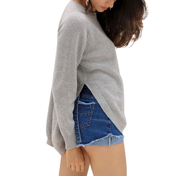 Side Slit High Low Chunky Knit Sweater Top Grey - Picture 3 of 8
